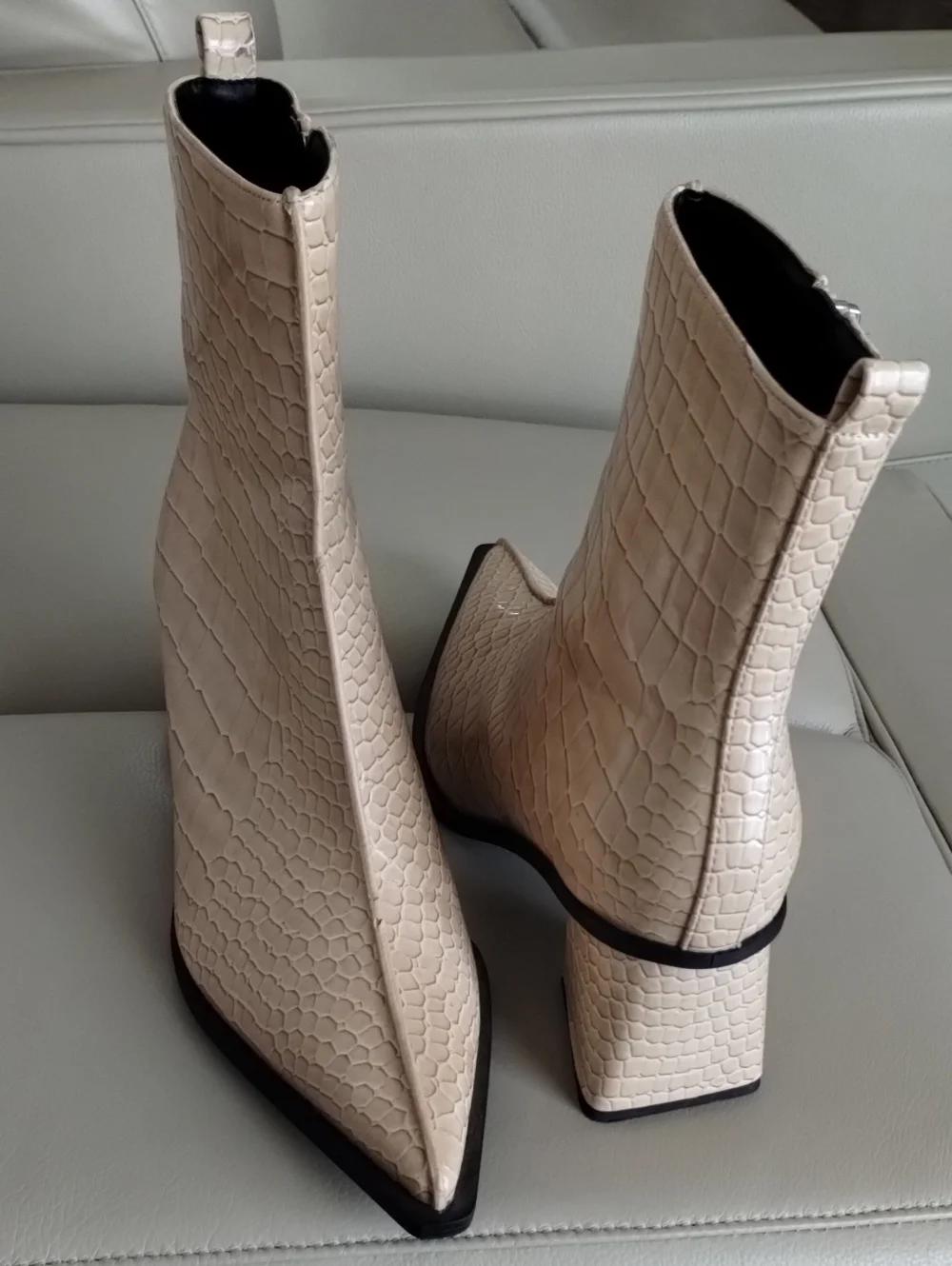 Topshop Cream Croc-Effect Square Toe Ankle Boots